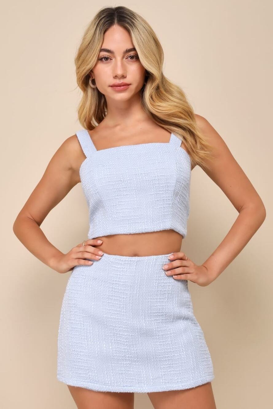 NWT Lulus Elevated Attitude Blue Tweed Sleeveless Two-Piece Skort Romper Party S